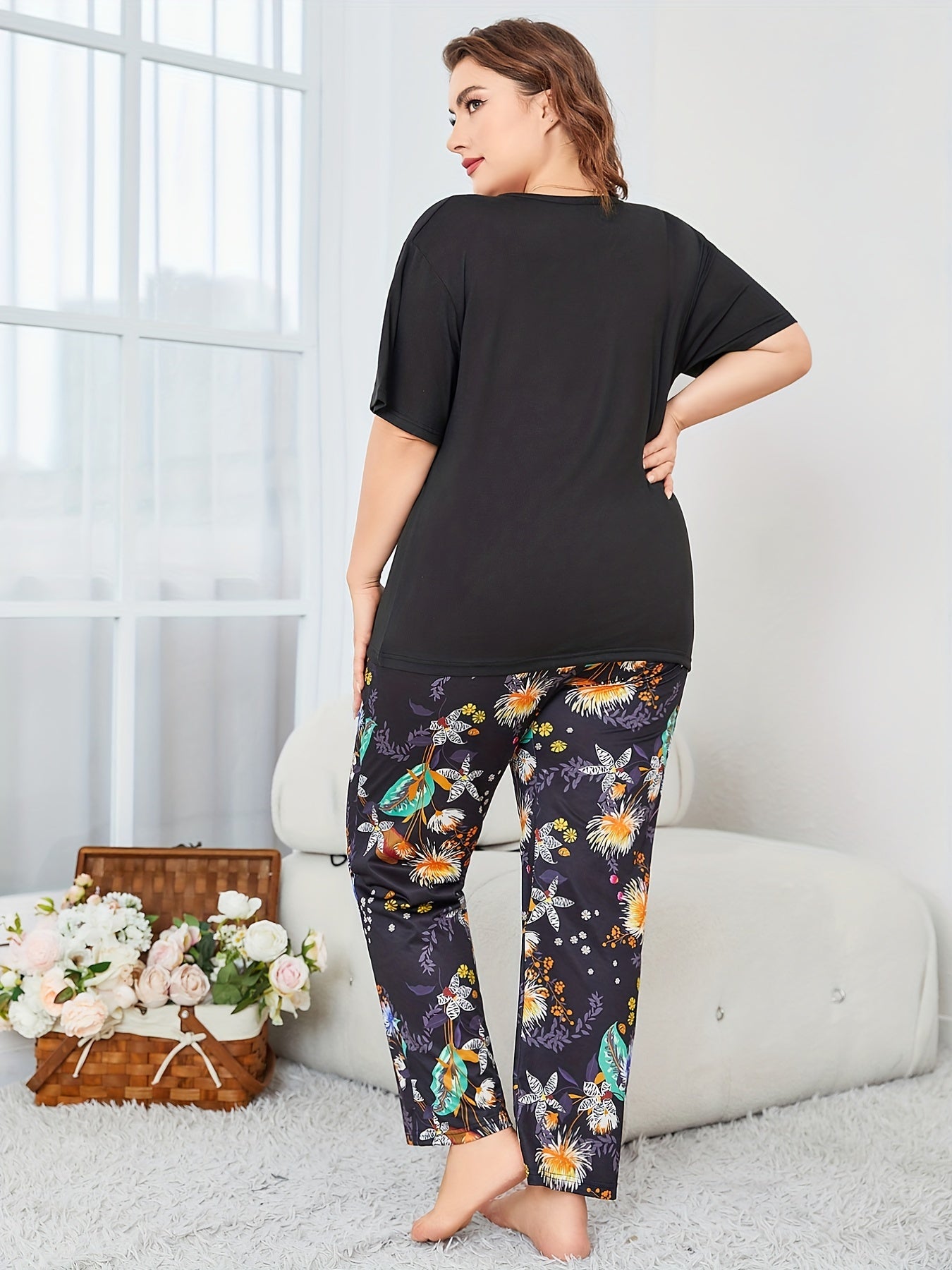 Boho Pajama Set Solid Tee & Tropical Print Pants Loungewear