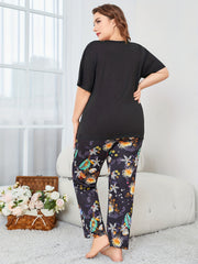Boho Pajama Set Solid Tee & Tropical Print Pants Loungewear