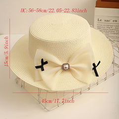 Mesh Bow Decor Sun Hat Flat Top Straw Fedora Solid Jazz Hat