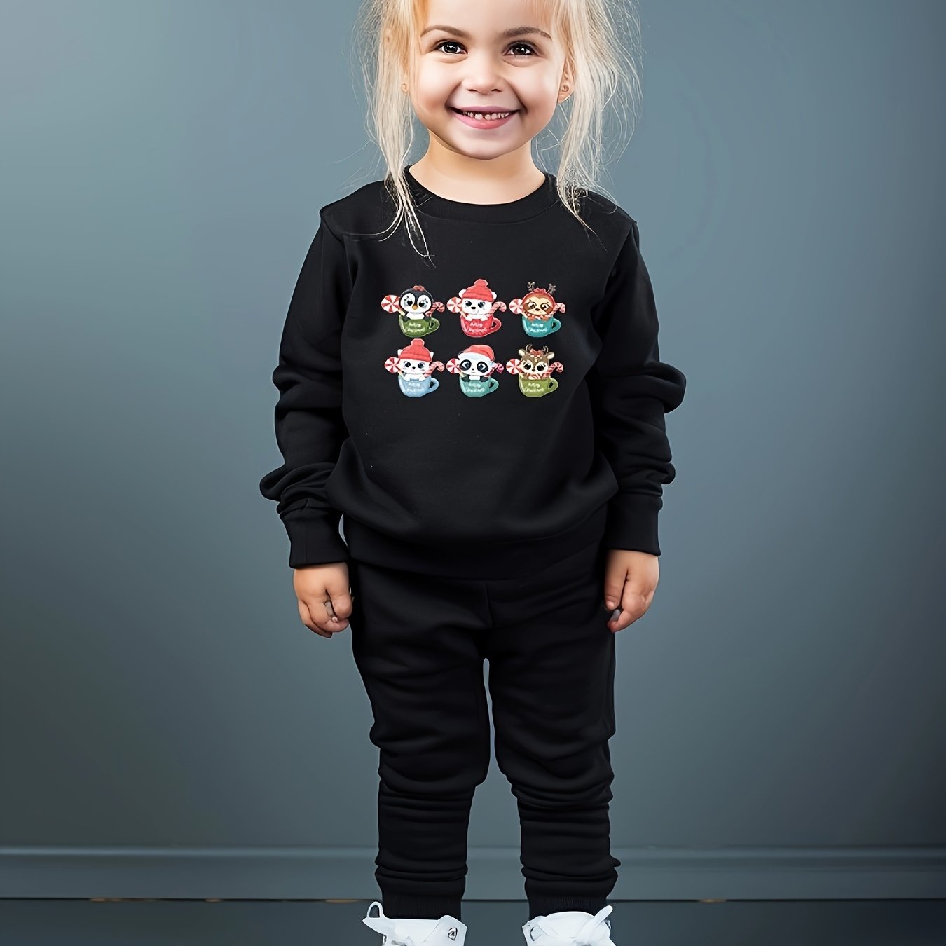 Girls Cartoon Animal Pattern Sweatshirt & Solid Sweatpants Set
