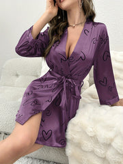 Heart Print Night Robe Long Sleeve V Neck Women's Sleepwear