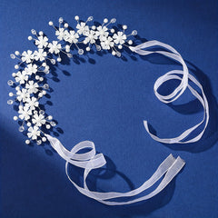 Crystal Pearl Flower Headband Ribbon Bridal Wedding Accessories
