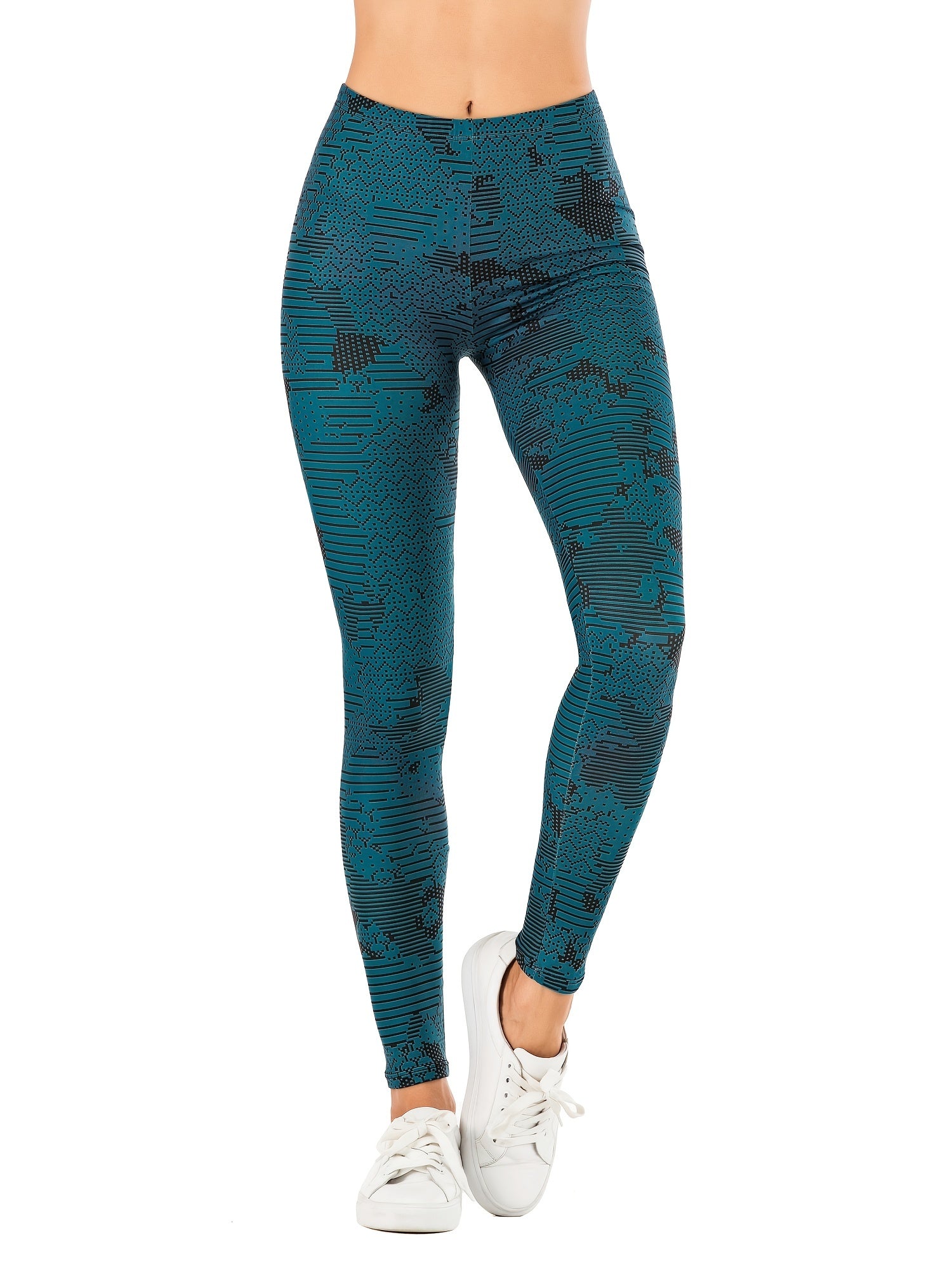 Dark Cyan Print Leggings High Waist Slim Fit Casual Elastic Bottoms