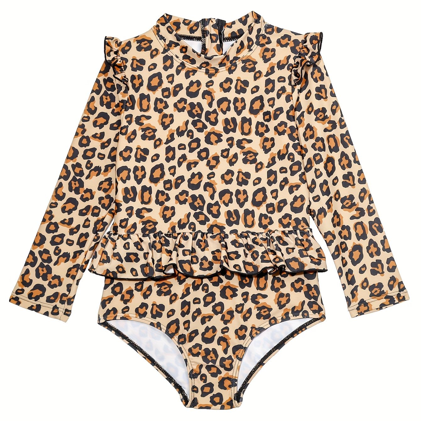 Leopard Print Flutter Trim Long Sleeve 1 piece Swimsuit Girls