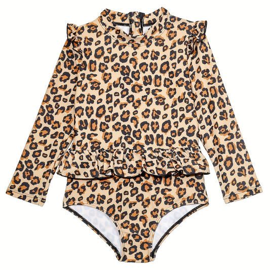 Leopard Print Flutter Trim Long Sleeve 1 piece Swimsuit Girls