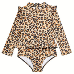 Leopard Print Flutter Trim Long Sleeve 1 piece Swimsuit Girls