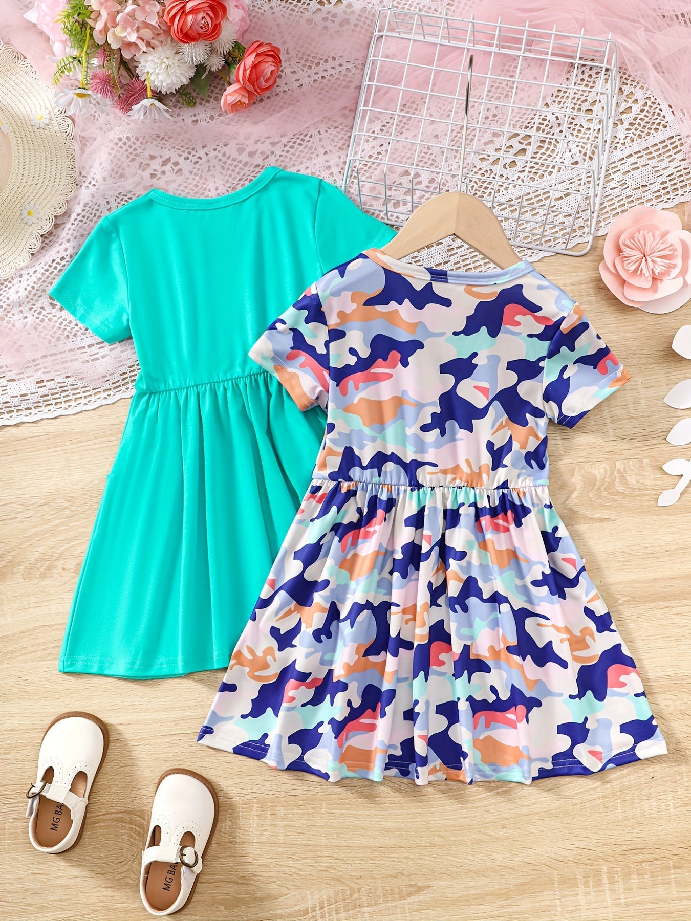 2pcs Camo & Solid Dress for Girls Casual Playwear Dress with Pockets