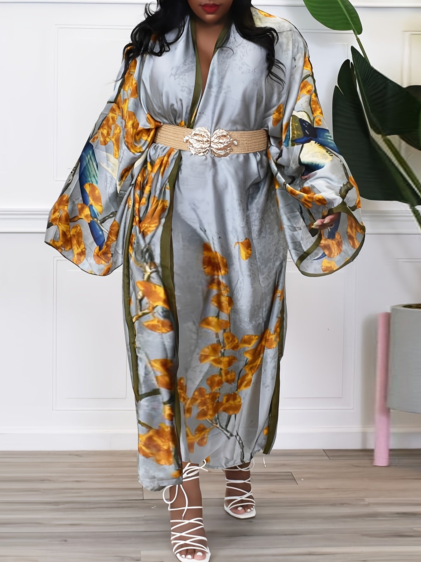 Plus Leaf Print Satin Kimono Cardigan Long Sleeve Open Front
