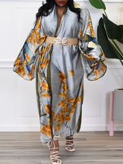 Plus Leaf Print Satin Kimono Cardigan Long Sleeve Open Front