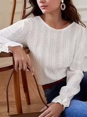 Eyelet Embroidery Sleeve Boat Neck Top