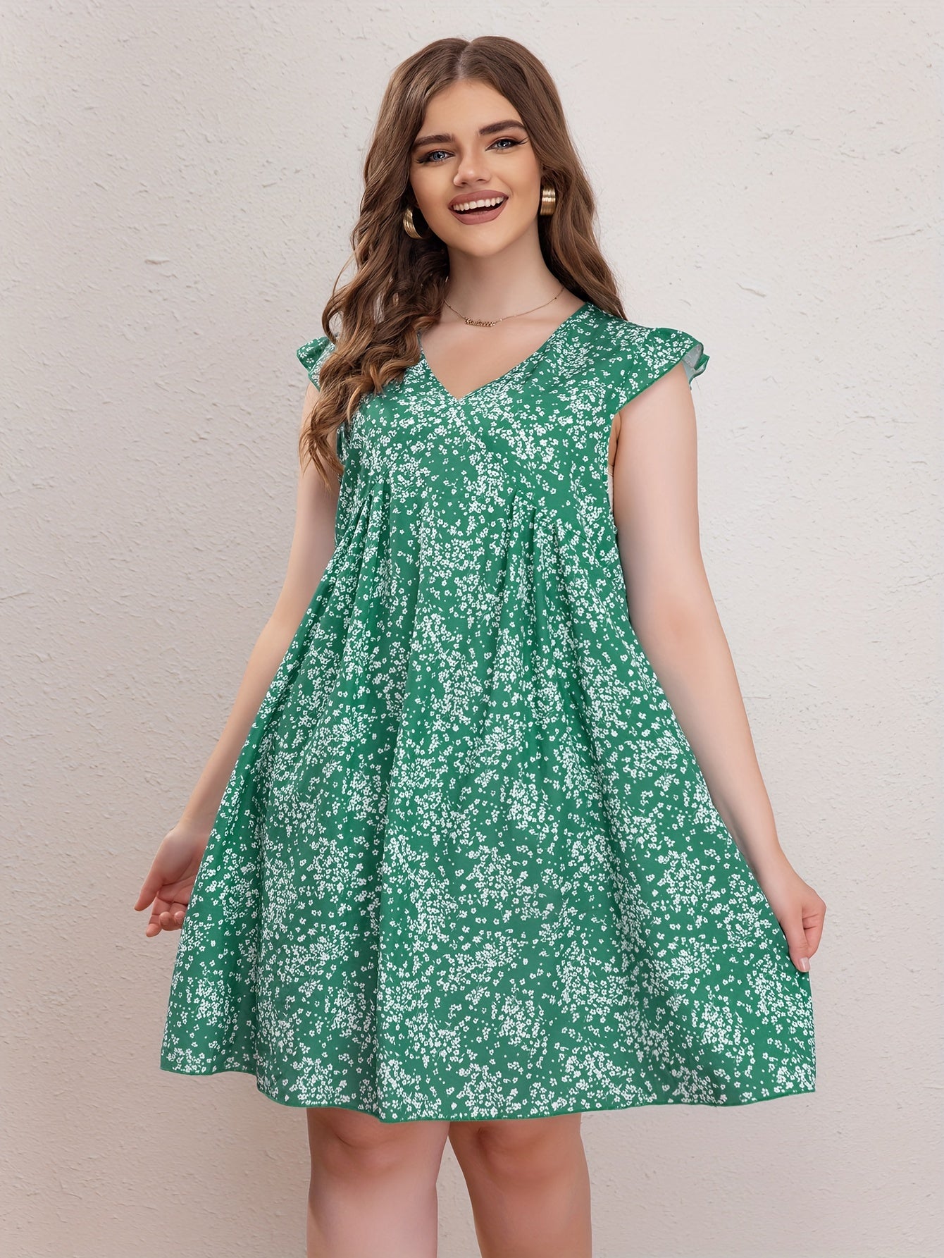 Casual Dress Women's Plus Ditsy Print Ruffle Sleeve V Neck Dress