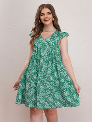 Casual Dress Women's Plus Ditsy Print Ruffle Sleeve V Neck Dress