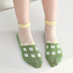 5 Pairs Girls Floral Ice Silk Short Crew Socks For Kids
