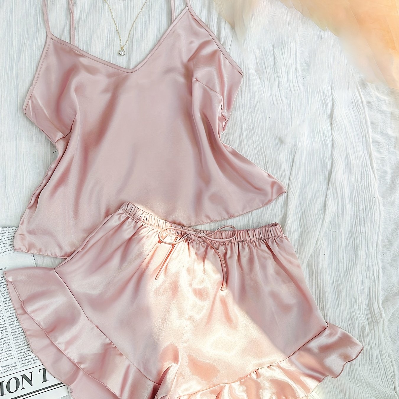 Satin Pajama Set V Neck Cami & Ruffle Shorts Sleepwear
