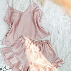 Satin Pajama Set V Neck Cami & Ruffle Shorts Sleepwear