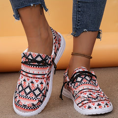Geometric Printed Lace-Up Flat Shoes Round Toe Lightweight Walking Shoes