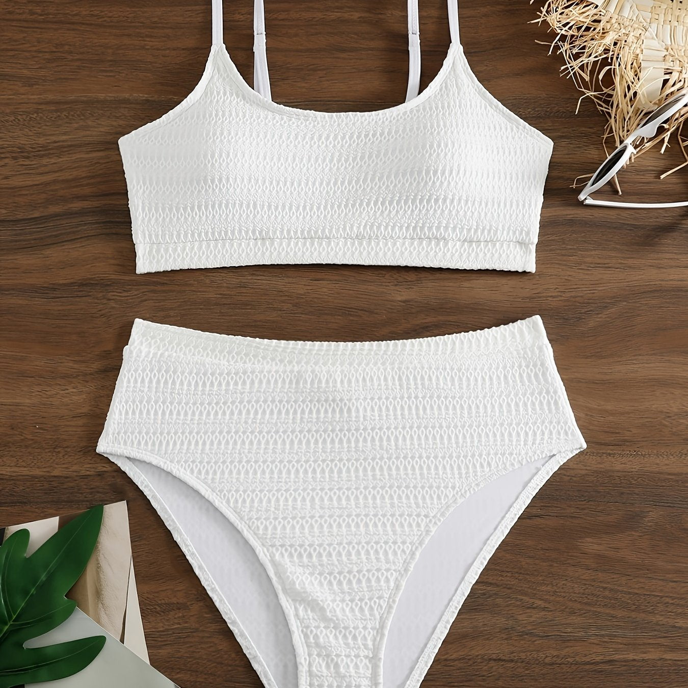 Textured Bikini Set Women's Padded Bra & High Rise Panty Swimsuit