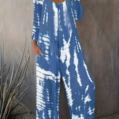 Tie Dye Long Sleeve Round Neck Wide Leg Jumpsuit With Pockets