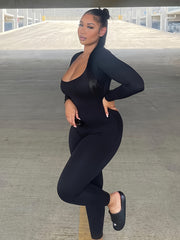Solid Round Neck Yoga Jumpsuit Long Sleeve Sports Bodyduit