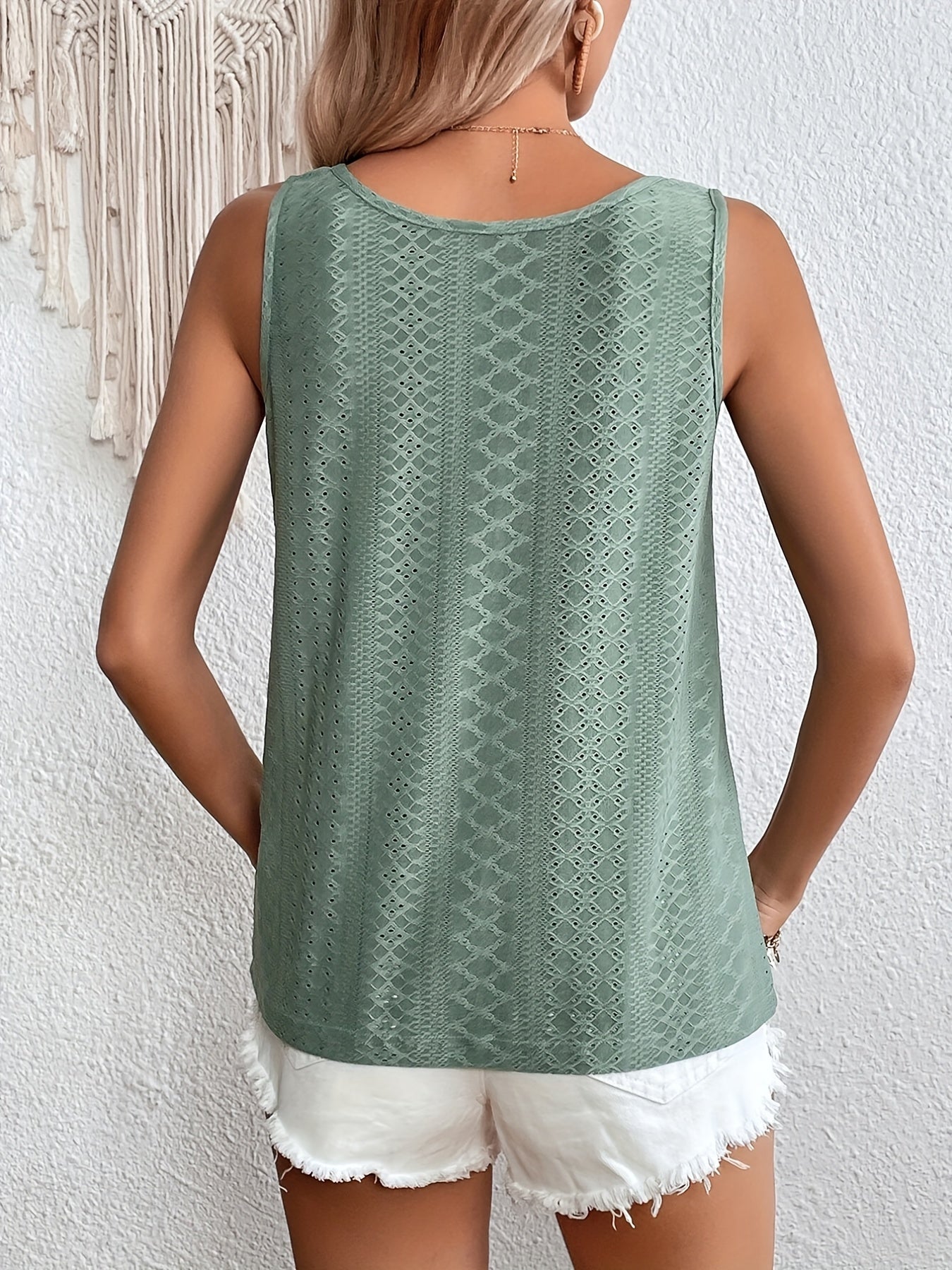 Eyelet Embroidered Button Tank Top Sleeveless Summer Women's Clothing