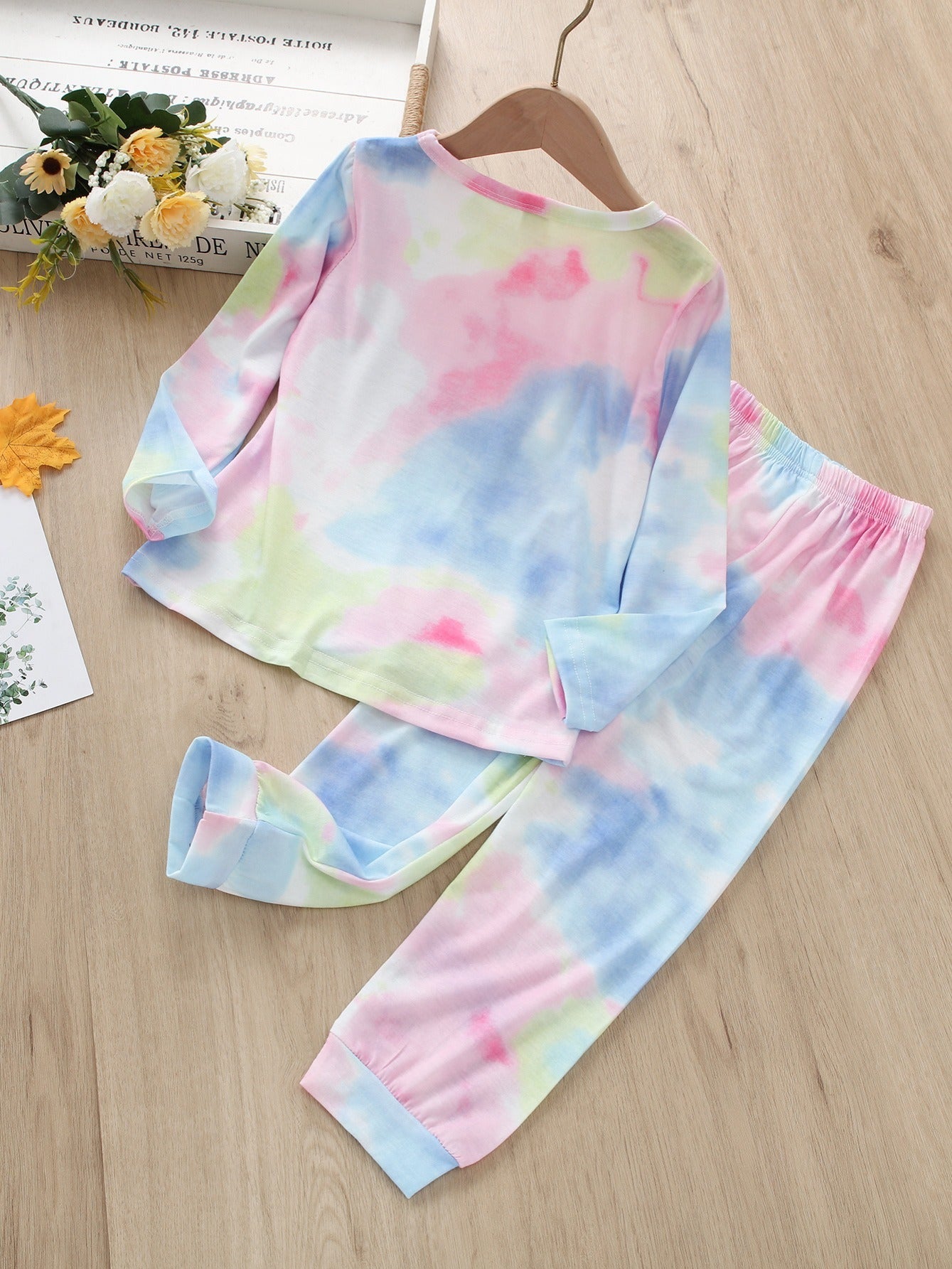 2pcs Toddler Girls Pink Tie Dye Print Long Sleeve Pants