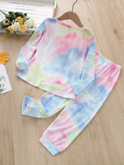 2pcs Toddler Girls Pink Tie Dye Print Long Sleeve Pants