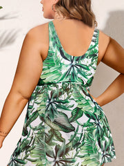 Tropical Print Tankini Set Round Neck Swimsuit Two Piece