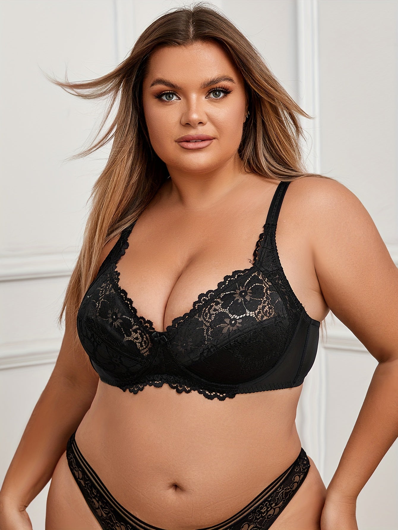 Sexy Bra Women's Plus Contrast Lace Full Cover Mini Bow Front