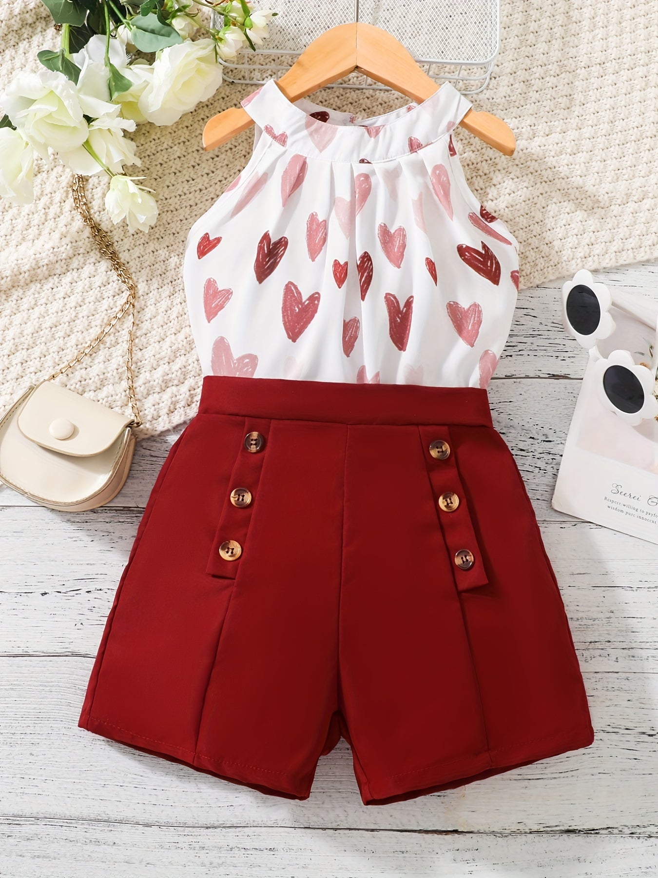 2pcs Toddler Girls Heart Halter Top & Shorts Set Summer Clothes