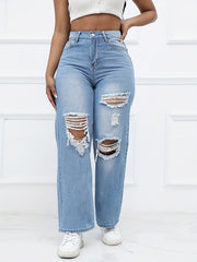 Distressed High Waist Straight Jeans Wide Leg Denim Pants