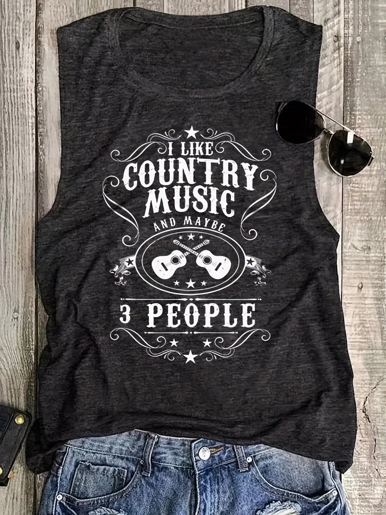 Guitar & Letter Print Tank Top Crew Neck Summer Sleeveless Top