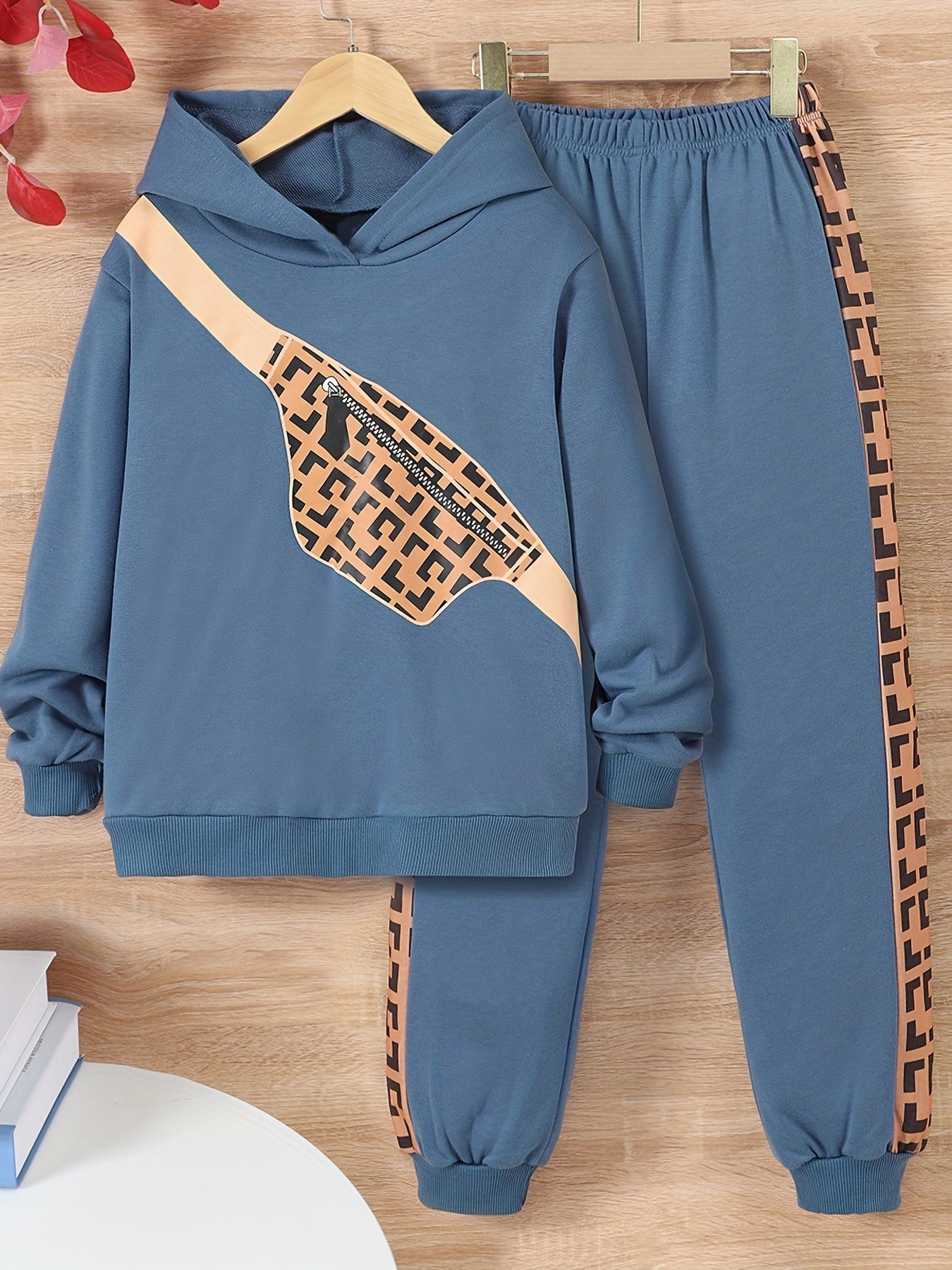 Boys 2pcs Hoodie & Pants Crossbody Bag Print Sweatshirt Casual Kids Clothes
