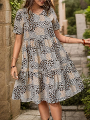 Leopard Print V Neck Dress Casual Short Sleeve Loose Dress