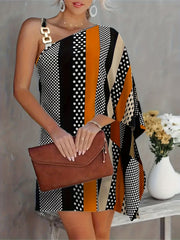 Colorblock One Shoulder Bat Sleeve Chain Dress