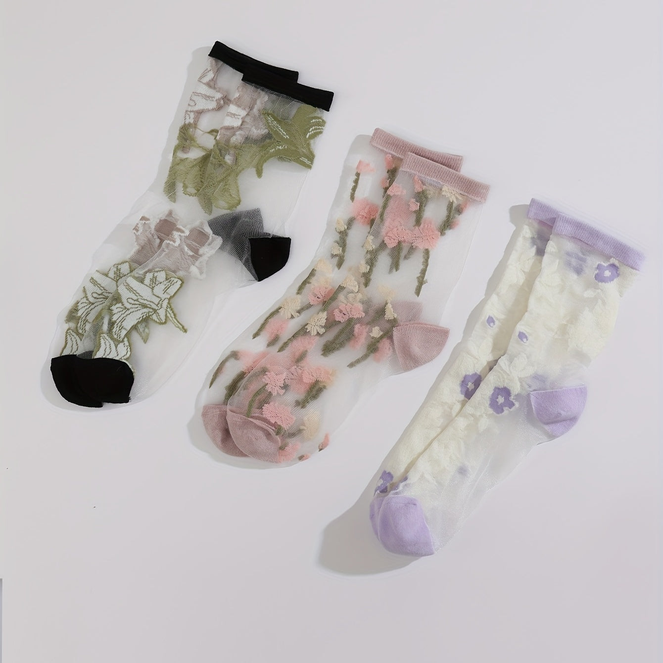 3 Pairs Floral Mesh Socks Ultra Thin Women's Stockings