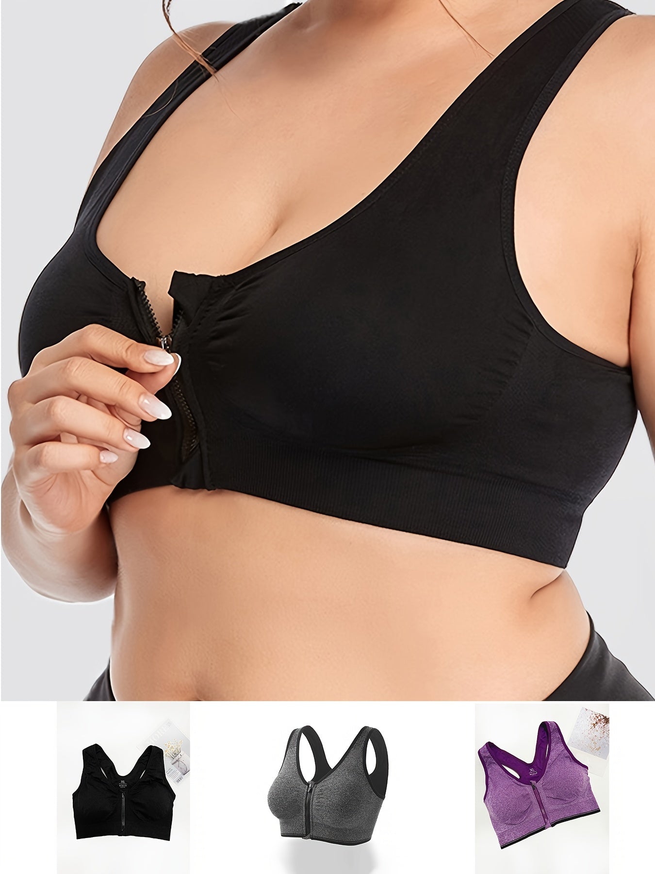 3 Pack Plus Size Sports Bra Set Zipper Front Racer Back Wireless Bralette