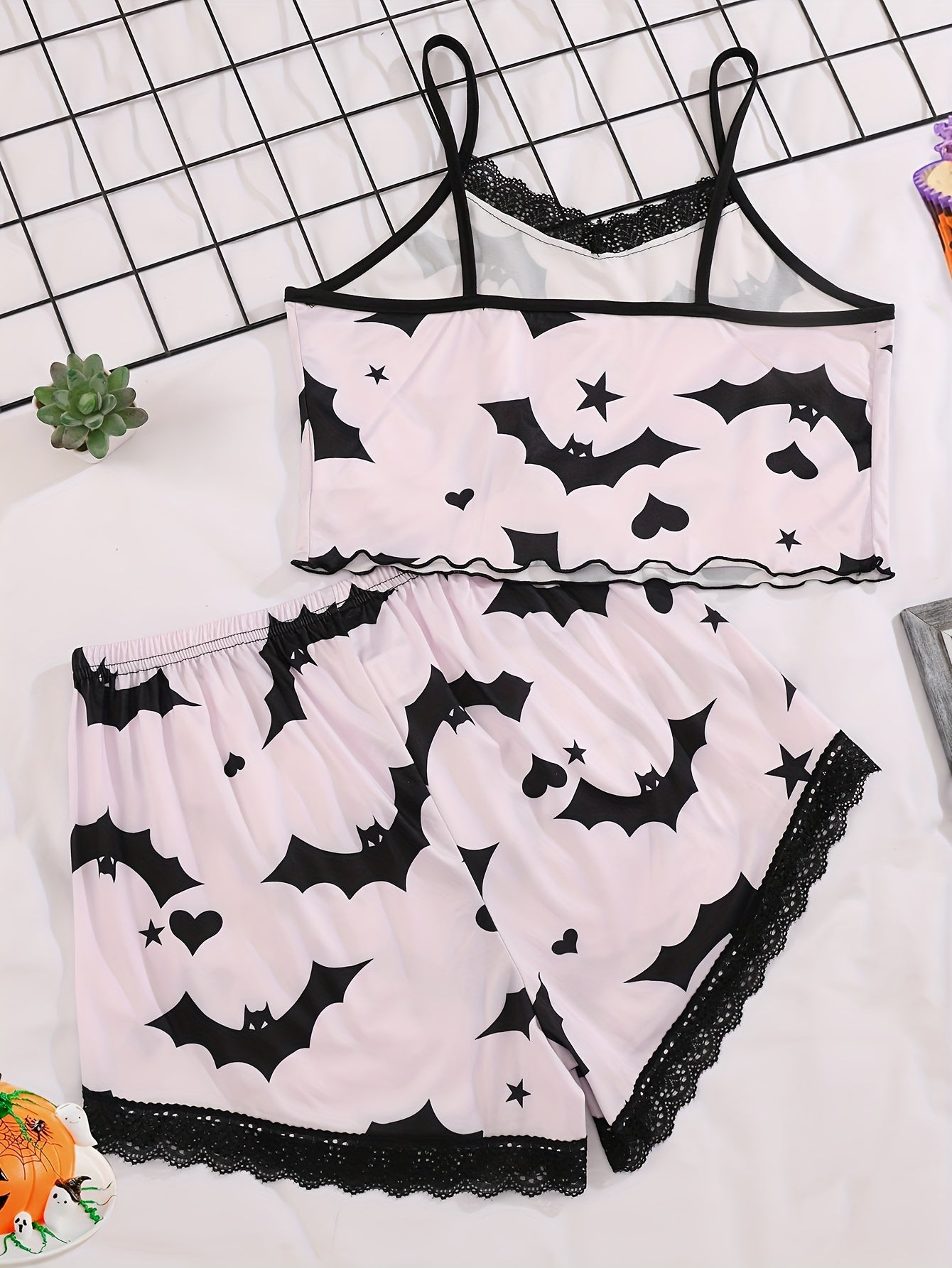 Bat Print Pajama Set Lace Trim Cami Top & Shorts Sleepwear