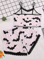 Bat Print Pajama Set Lace Trim Cami Top & Shorts Sleepwear