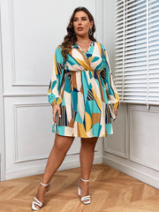 Colorblock Geometric Print Surplice Neck Mini Dress