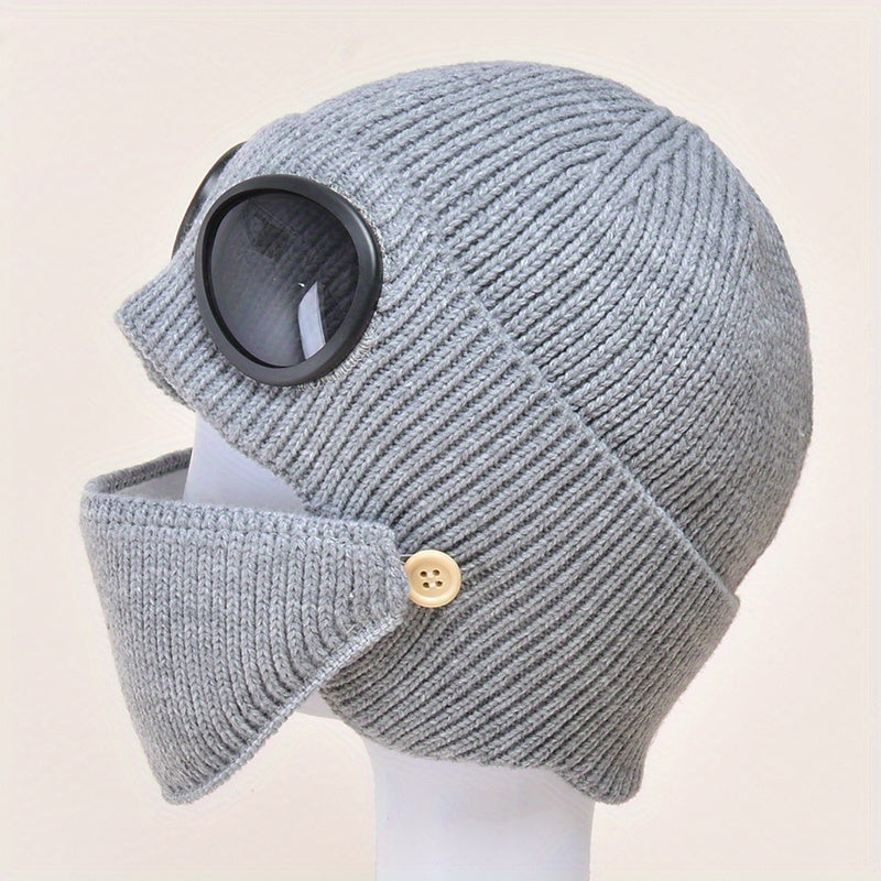 Fashionable Ear Protection Windproof Knit Beanie Hat With Glasses