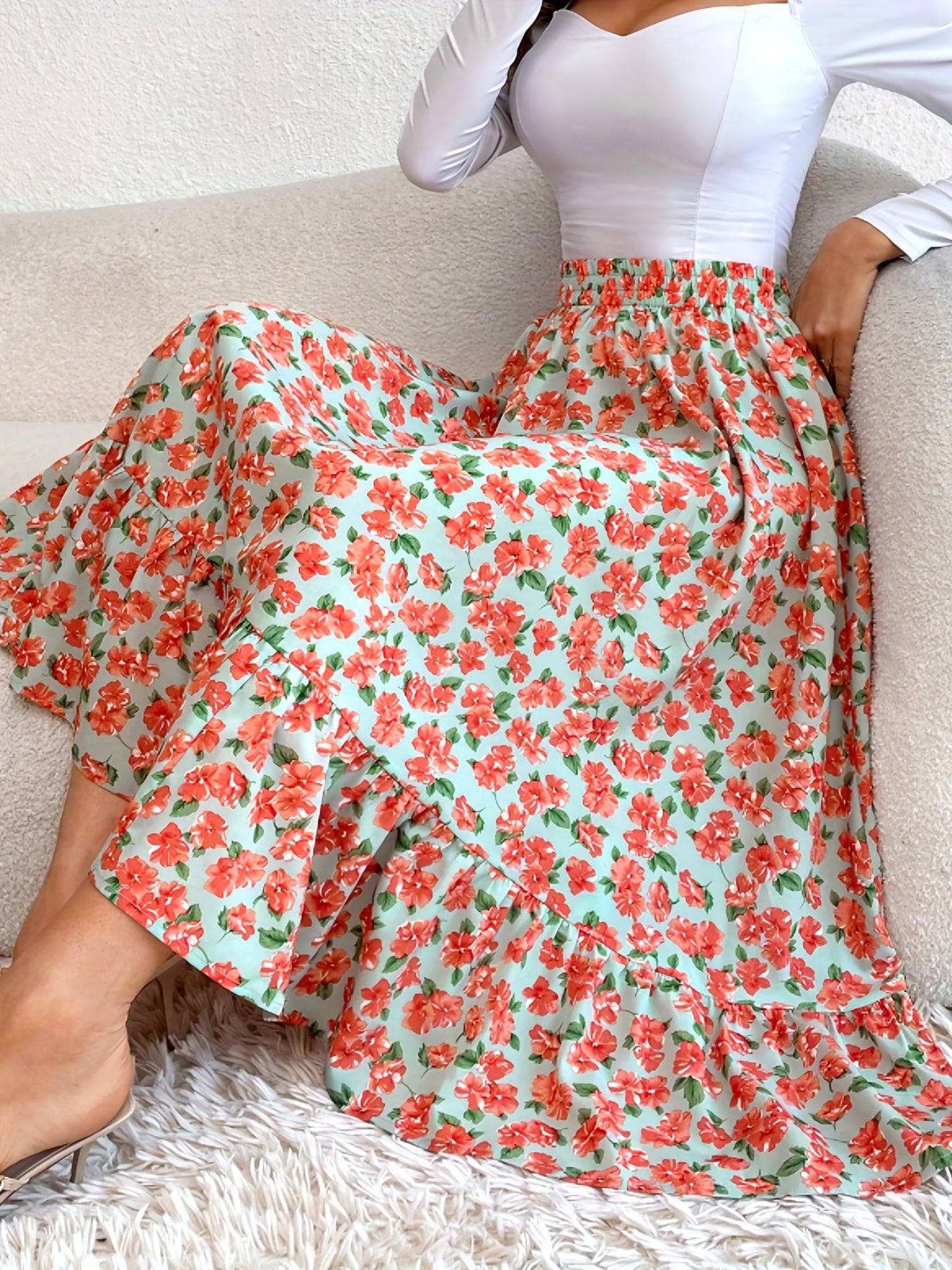 Floral Print Elastic Waist Skirt Casual Skirt For Spring & Summer