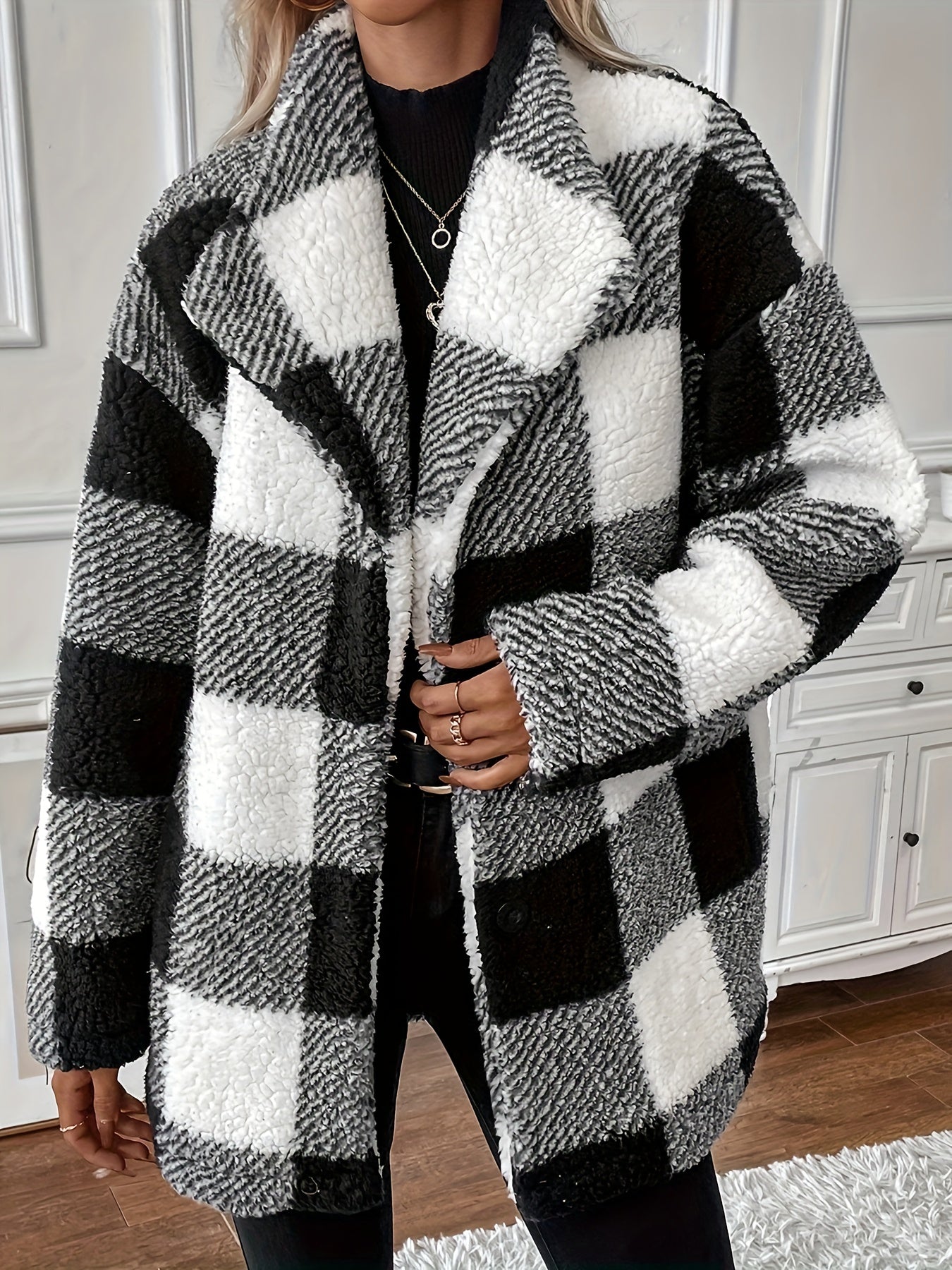 Plaid Print Teddy Coat Waterfall Collar Button Front Warm Outerwear