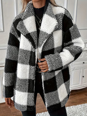 Plaid Print Teddy Coat Waterfall Collar Button Front Warm Outerwear