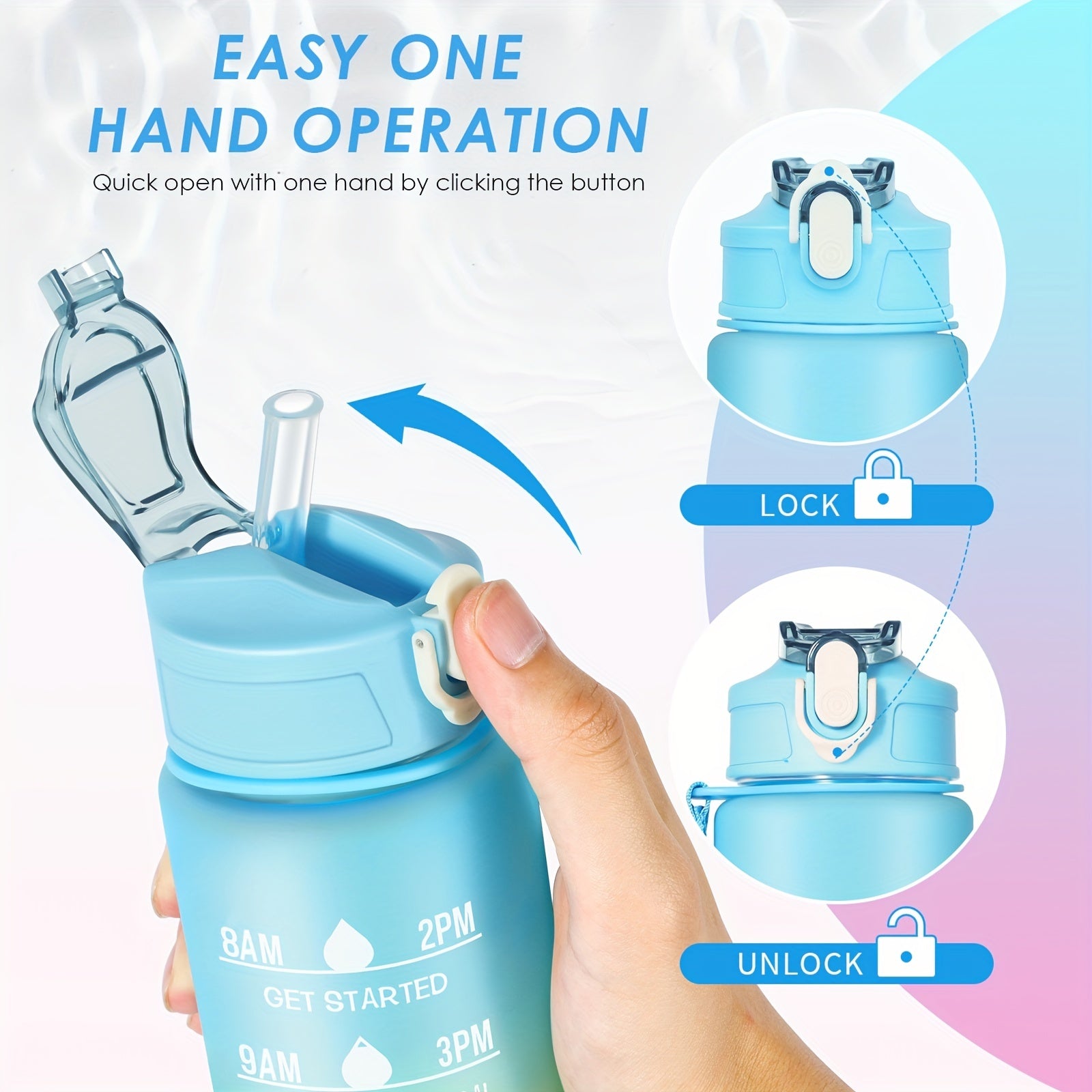 Gradient Water Bottle with Straw and Time Marker, Portable Leakproof Mot