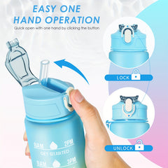Gradient Water Bottle with Straw and Time Marker, Portable Leakproof Mot
