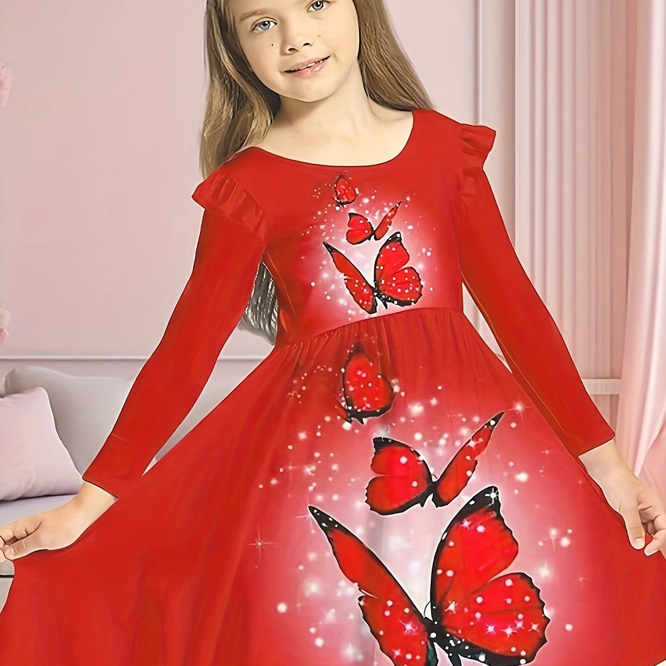Sweet Girls Butterfly Graphic Long Sleeve Dress Spring Fall
