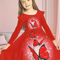Sweet Girls Butterfly Graphic Long Sleeve Dress Spring Fall