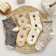 4 Pairs Floral Print Mid Tube Socks Women's Stockings