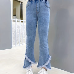 Girls Flared Denim Pants with Lace Trim for Kids