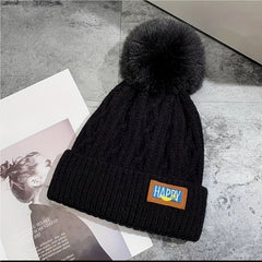 Women's Winter Padded Hat Warm Wool Cap Woolen Pom Pom Knitted Hat